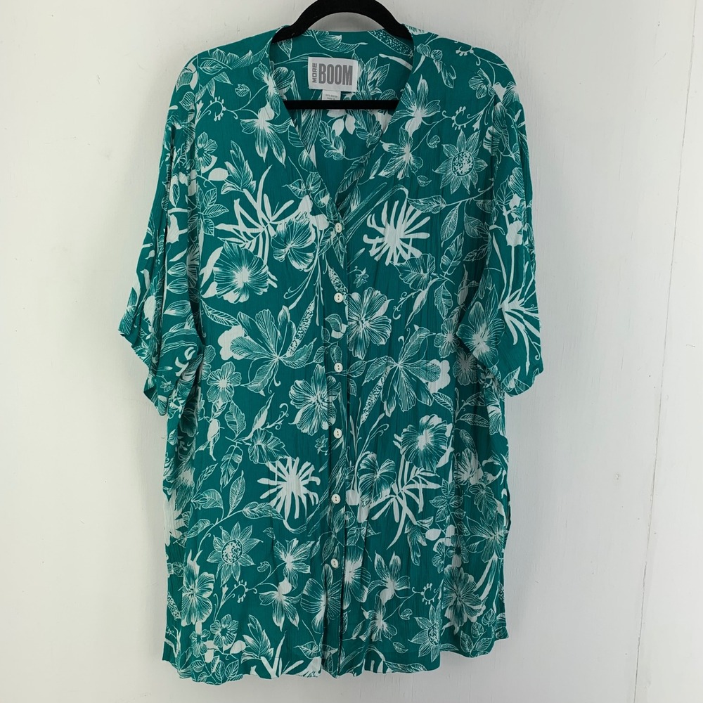 More Boom Floral ‎ Button Front Short Sleeve Shirt 14/16 Gauzy Tropical Relaxed